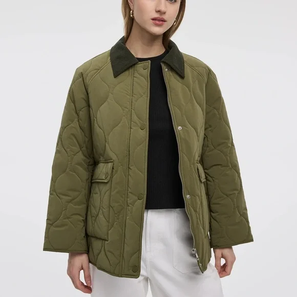 REITMANS Olive Green Quilted Puffer Jacket with Dark Corduroy Collar - Picture 1 of 4